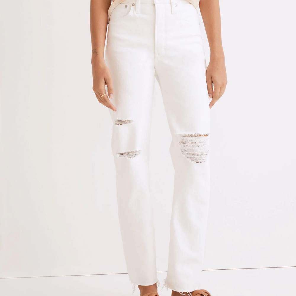Madewell White Straight Leg Jeans with Distressed Details